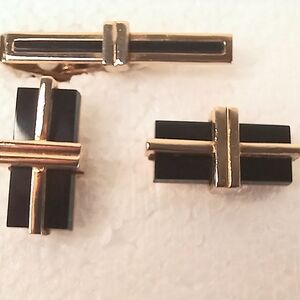 Cufflinks Cuff Links, Tie Clip Bar, Set Mid-Century SWANK, Natural Blac…